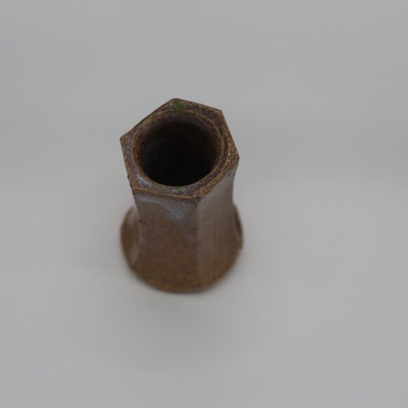 Single taper candle holder, brown grey handmade pottery mini single candlestand - Picture 2 of 4